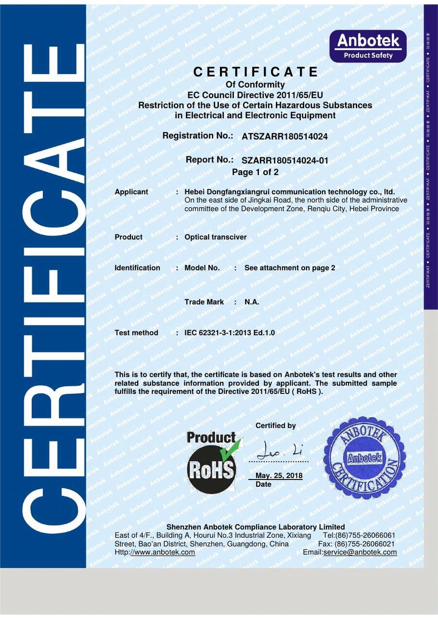 RoHS certificate for optical transceiver modules